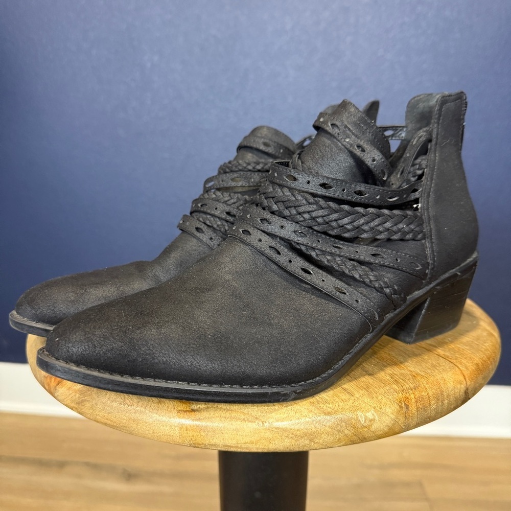 Fergie Black Braided Suede Look Ankle Boots | Size 9.5